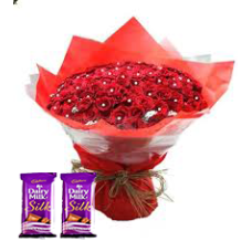 100 Red Roses Bunch Red paper packing + 2 sillk