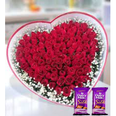 25 Red Roses in heart shape flower arrangement + 2 sillk