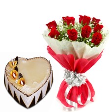 10 red Roses Bunch Red paper packing with 1/2 kg. Heart Shape butterscotch cake