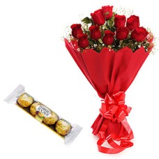 10 Red Roses Bunch with Red Pepar Packing with 4 Ferrero Rocher Chocolates