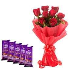 8 Red Roses Bunch with Red Paper Packing +5 dairy Milk