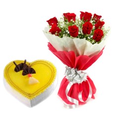 10 red Roses Bunch Red paper packing with 1/2 kg. Heart Shape Pineapple cake