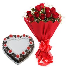 10 red Roses Bunch Red paper packing with 1/2 kg. Heart Shape Black Forestcake
