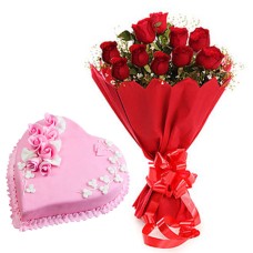 10 red Roses Bunch Red paper packing with 1/2 kg. Heart Shape Strawberry cake