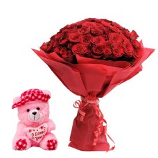 100 Red Roses bunch with Red paper packing with 6 inch teddy 