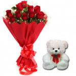 10 Red Roses bunch with Red paper packing with 6 inch teddy