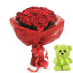 20 Red Roses bunch with Red paper packing with 6 inch teddy
